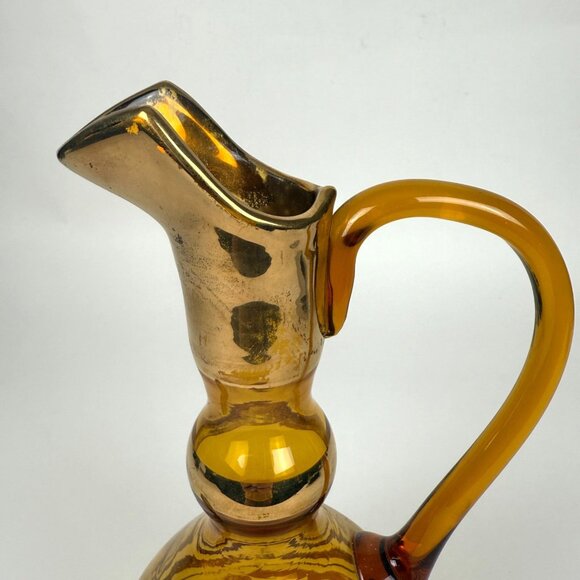 Beautiful Vintage Amber Glass Wine Decanter With Gold Stripes Retro MCM - Picture 4 of 9